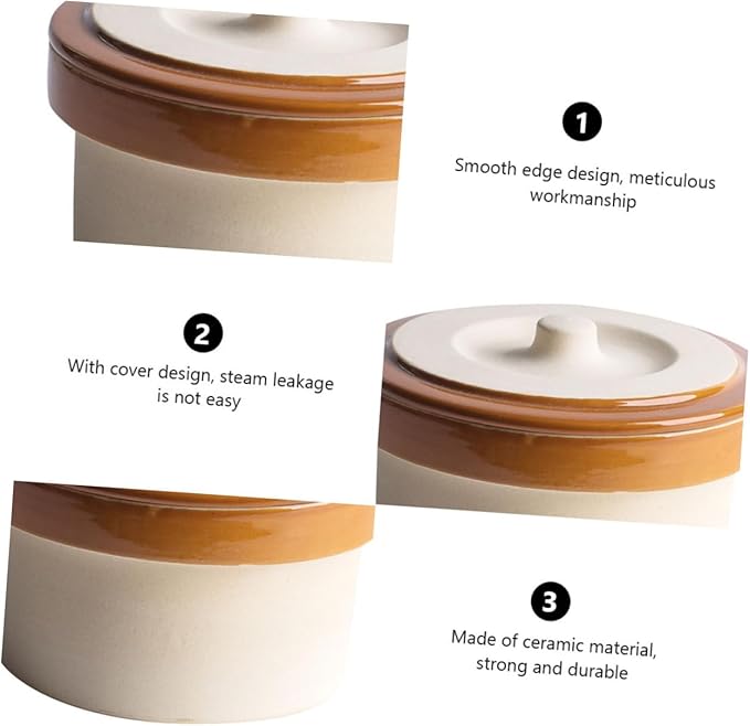 GLEAVI Ceramic Steaming Bowl with Lid Vintage Clay Rice Bowl for Cooking and Serving Dishwasher Safe for Steamed Eggs and Rice Retro Kitchen Tableware