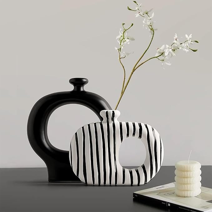 Linxia Minimalist Line Flower Vase and Art Sculpture 2-Piece Set, Black and White Line, Ornament for Table Centerpieces Aesthetic for Home Office