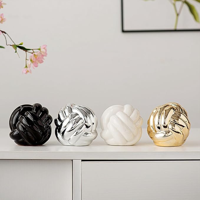 Hotfiary Small Ceramic Knot Statues Gold Home Decor, Modern Style Figurine Decorative Ball Ornaments, Sculpture Aesthetic Decor for Living Room, Bedroom, Apartment, Bookshelf, Office, Cabinets, Black