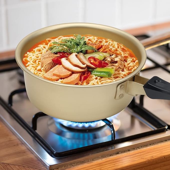 Korean Ramen Cooking Pot, AHIER Korean Ramen Noodle Pot With Lid, Spoon and Chopsticks (1pair), Fast Heating for Kitchen Cookware (Single Handle)