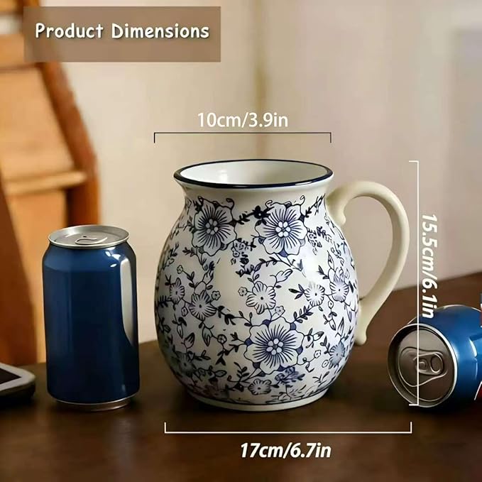 Rustic Ceramic Utensil Holder, 6.1" Modern Farmhouse Cooking Utensil Holder for Kitchen Counter with Handle, Kitchen Utensil Organizer Crock (Blue white)