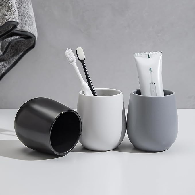 White Ceramic Toothbrush Holder - 11Oz Small Bathroom Tooth Brushing Holders, Reusable Mouthwash Cup, Toothpaste Holder, Makeup Brush Holder, Pen Holder for Bathroom Countertop, 1PC