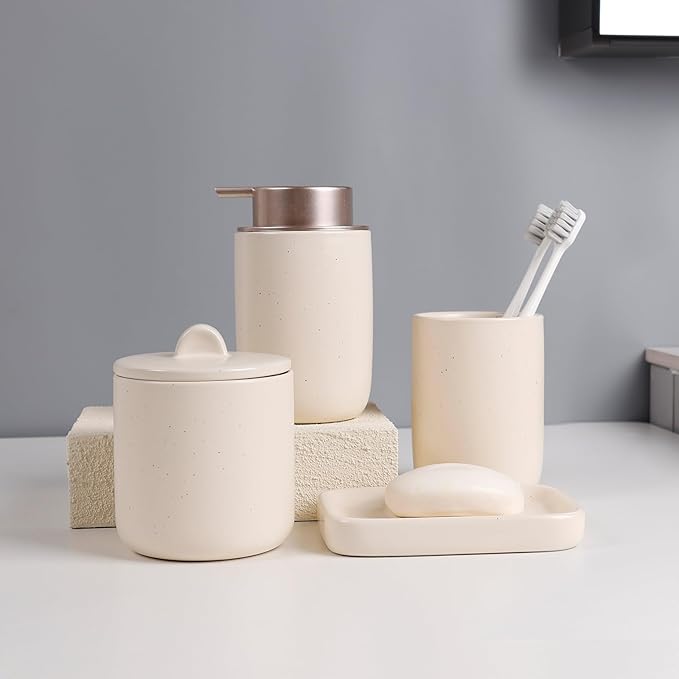BosilunLife Apricot Bathroom Accessories Set - Ceramic Bathroom Accessories Sets Complete Foaming Soap Dispenser and Toothbrush Holder Set, Soap Dish, Qtip & Cotton Ball Holder Modern Bathroom Set