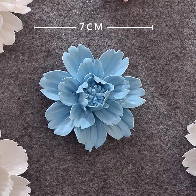 AMERRY Peony，2.76" Ceramic Flower Wall Art, Artificial 3D Flower Wall Art, Handmade 3D Wall Hanging Sculpture, Porcelain Plant Decoration for Home Office Decor (BLUE)