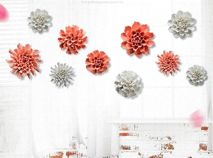 Peony,2.76"" Ceramic Flower Wall Art, Artificial 3D Flower Wall Art, Handmade 3D Wall Art Hanging Sculpture, Porcelain Flower Wall Decoration for Home Office Decor (White), White,flower