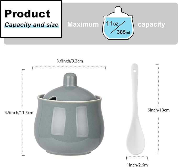 Ceramic Sugar Bowl with Lid and Spoon, Gray Porcelain Sugar Salt Pepper Storage Jar, 12 Ounces