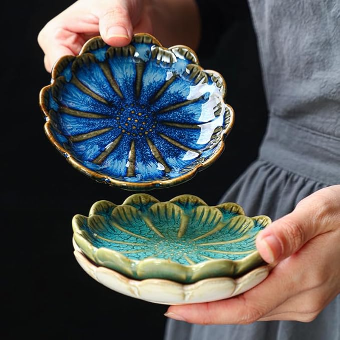 Lotus Ring Holder Dish Small Indoor Ash Tray, Ceramic Dessert Plate Trinket Jewelry Holder Organizing Necklace Earrings for Parents Friends Sister, Blue. All Jewelries Are NOT Included.
