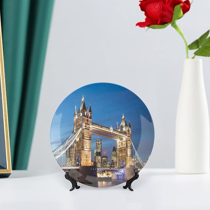XISUNYA 10 Inch Decorative Plate, London Tableware Plate, Scenery of Landmark Tower Bridge at Twilight Print Ceramic Wall Hanging Decor Accessory for Dining Table Tabletop Home Decor, Blue and Ivory
