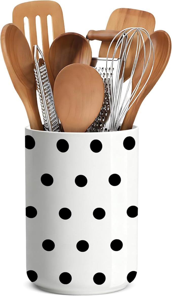 Black polka dot cutlery rack,ceramic spatula rack,countertop ceramic cutlery rack,large cooking utensil jars,countertop decorative vase, kitchen utensil storage jars,6.3 inches + 4.7 inches(polka dot)