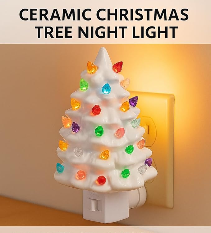 Christmas Night Light - White Tree Christmas Nightlight Plug Into Wall, 6" Ceramic, Holiday Decorations, Winter Home Décor for Kids/Adults