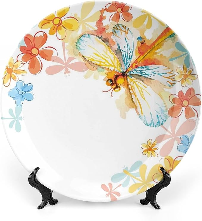 XISUNYA 6 Inch Decorative Plate, Dragonfly Ceramic Craft, Abstract Grunge Vintage Moth with Spring Flowers Frame Print Ornament Display Plate Handmade Plate Wedding Christmas Thankgiving Gifts