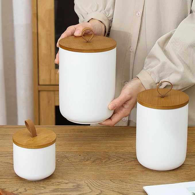 Simcat Modern Rustic Ceramic Food Storage Jar Canister - Airtight Seal Bamboo Lid, Three-Piece Set in White