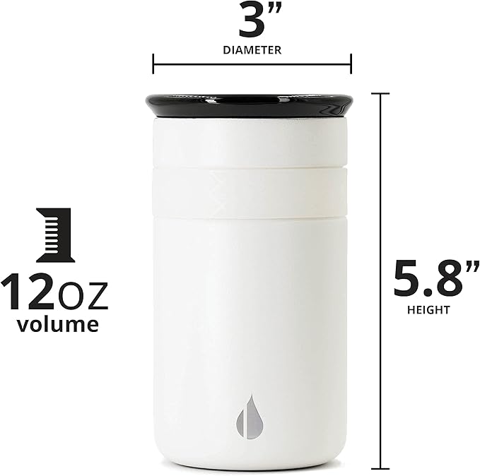 Elemental Personalized Artisan Insulated Tumbler, Triple Wall Coffee Travel Tumbler, Reusable Stainless Steel Coffee Tumbler with Ceramic Lid, Thermal Coffee Cup for Hot & Cold, 12oz - Matte White