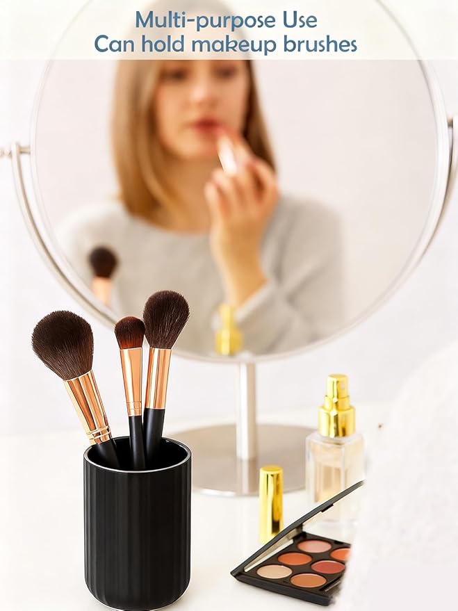 Black Ceramic Toothbrush Holder Cup – 13.5oz Bathroom Tumbler with Vertical Stripe Texture, Modern Toothbrush or Makeup Brush Holder