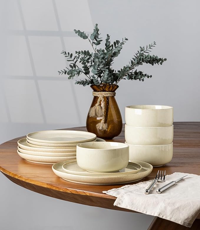 TheTerra Ceramic Dinnerware Sets for 4, 12 Pieces Handmade Reactive Glaze Plates and Bowls Set, Scratch Resistant Dish Set, Oven & Microwave & Dishwasher Safe, Cappuccino