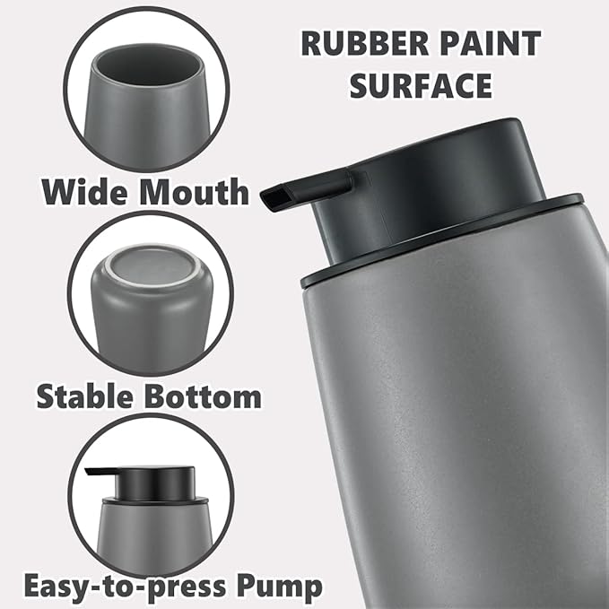 12Oz Grey Soap Dispenser Set - Ceramic Lotion Hand Soap Dispenser Set with Easy-to-Press Black Pump, Refillable Mordern Liquid Dish Soap Dispensers for Bathroom & Kitchen, 2 Pack