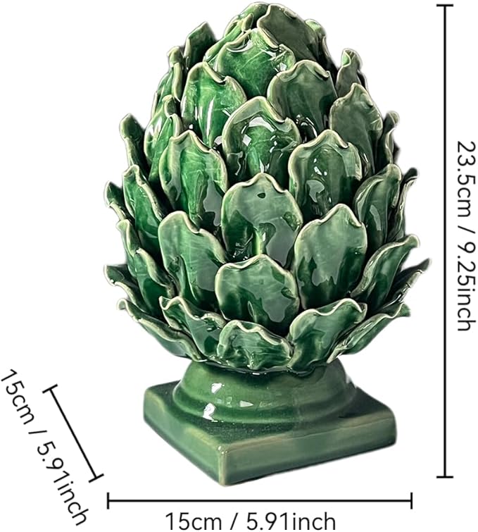 Green Ceramic Artichoke Statue - Unique Artisanal Decorative Sculpture, Decor for Living Room, Office, Bookshelf
