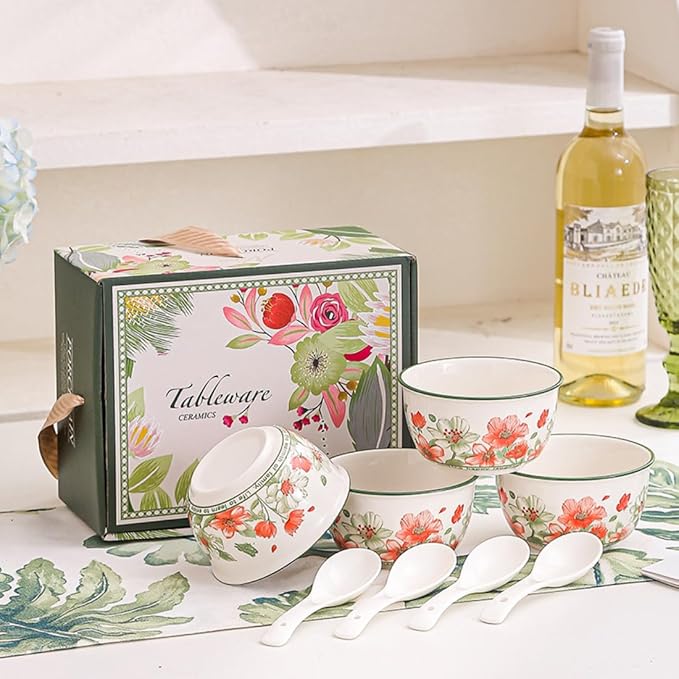 Premium Ceramic Dinnerware Set – Floral Bowls & Plates Set, Elegant Hand-Painted Design, Microwave Safe, Ideal for Wedding/Housewarming/Corporate Gifts (Blossoms, 4*bowls+spoons)