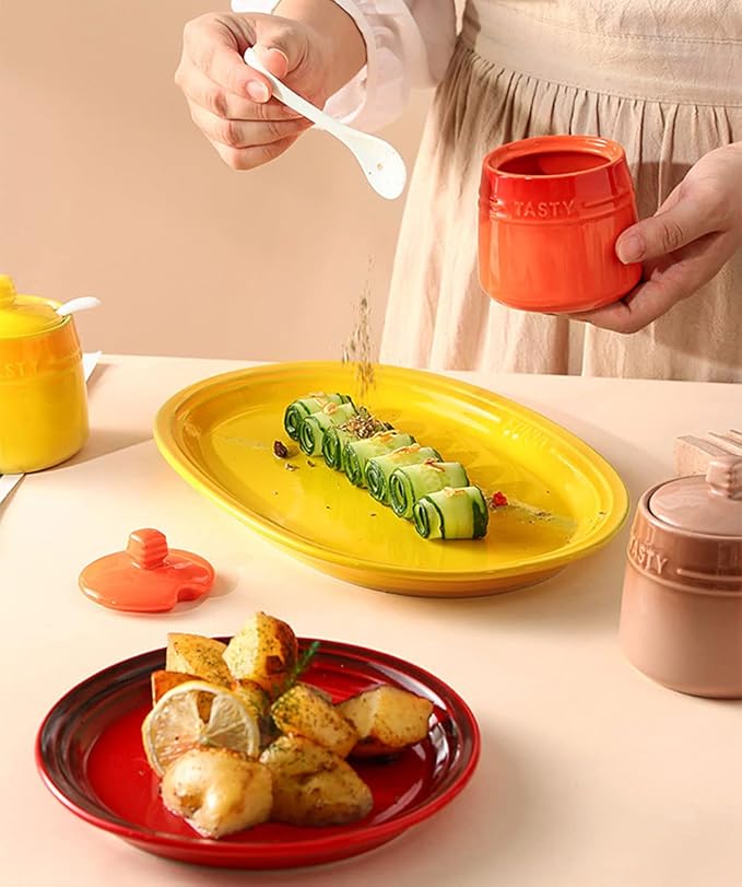 Colourful Ceramic Spice Jar Seasoning Box Condiment Pot Sugar Bowl with Lid Spoon-Orange
