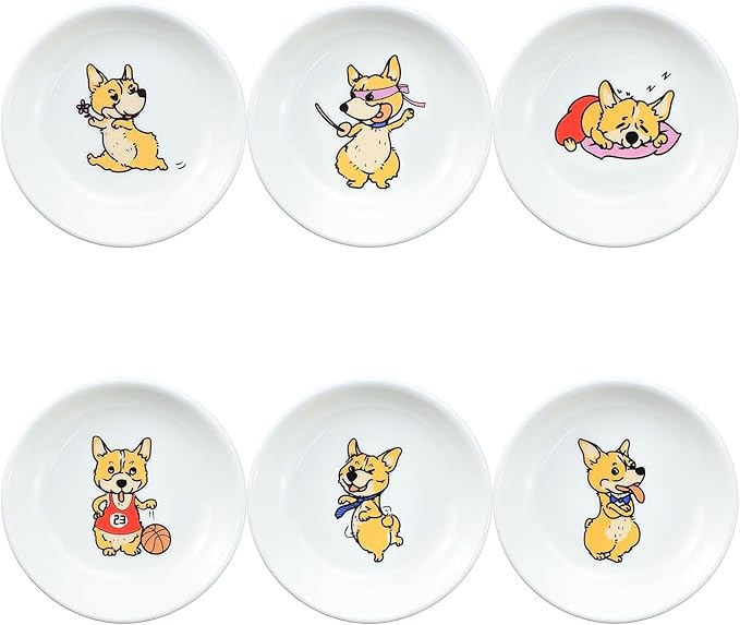 SOCOSY Super Cute Cartoon Animal Pattern Ceramic Sauce/Seasoning/Sushi Soy Dipping Bowl/Appetizer Plates/Serving Dish for Kitchen Home (Set of 6) - Corgi
