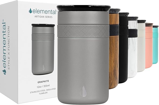 Elemental Artisan Insulated Tumbler, Triple Wall Coffee Travel Mug, Reusable Stainless Steel Coffee Tumbler with Ceramic Lid, Thermal Coffee Cups for Hot (6 Hrs) & Cold (18 Hrs), 12oz - Graphite