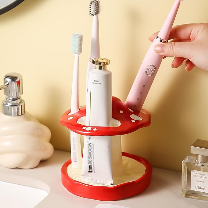 Gaolinci Cartoon Mushroom Ceramic Toothbrush Holder, Bathroom Toothbrush and Toothpaste Storage Decoration