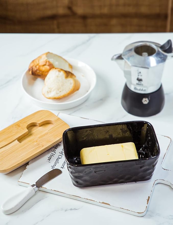 Butter Dish with Lid, Large Butter Dish for Countertop, Ceramic Butter Container with Knife Double Silicone Seal Unique Stone Butter Dishes with Covers for Farmhouse Kitchen Decor Home Decor Black