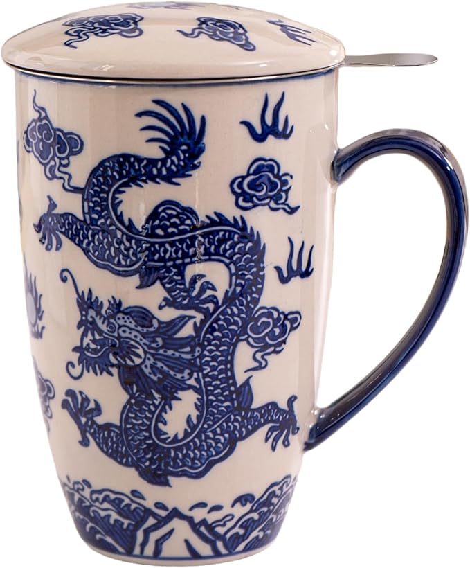 Urban Tokyo Tea Mug With Lid and Stainless Steel Infuser For Loose Leaf Tea Bag Tea Cup 15oz Porcelain Hot Beverage Everyday Use Home Office (Ryu Dragon)