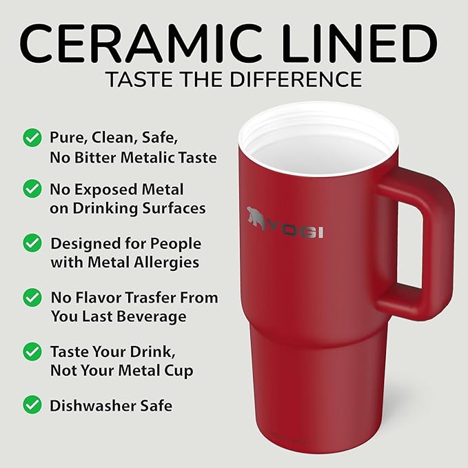 YOGI Ceramic Lined Metal Allergy Safe 24oz Tumbler with Handle and Straw Leakproof Flip & Sip Lid Vacuum Insulated Stainless Steel Travel Cup for Iced Coffee Water and All-Day Hydration 24oz Crimson