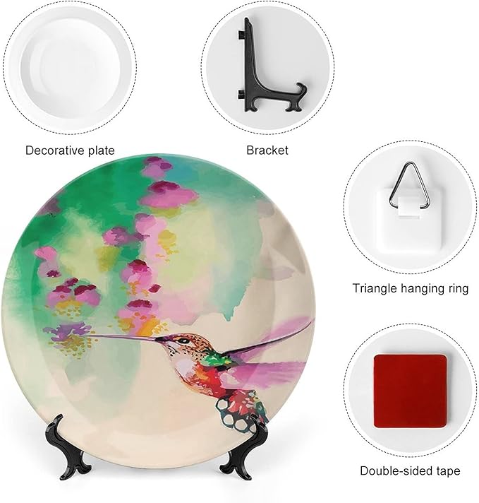 XISUNYA 6 Inch Decorative Plate, Hummingbird Tableware Plate, Colibri Bird Flowers Spring Tropics Theme Print Ceramic Wall Hanging for Home & Office Wall Hanging Decor