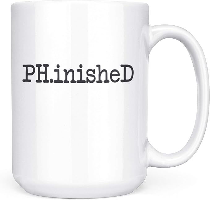 Artisan Owl PH.inished Funny PhD Graduation Mug - 15 oz Large Ceramic Coffee Cup Gifts for PhD Students, Researchers, and Doctoral Graduates