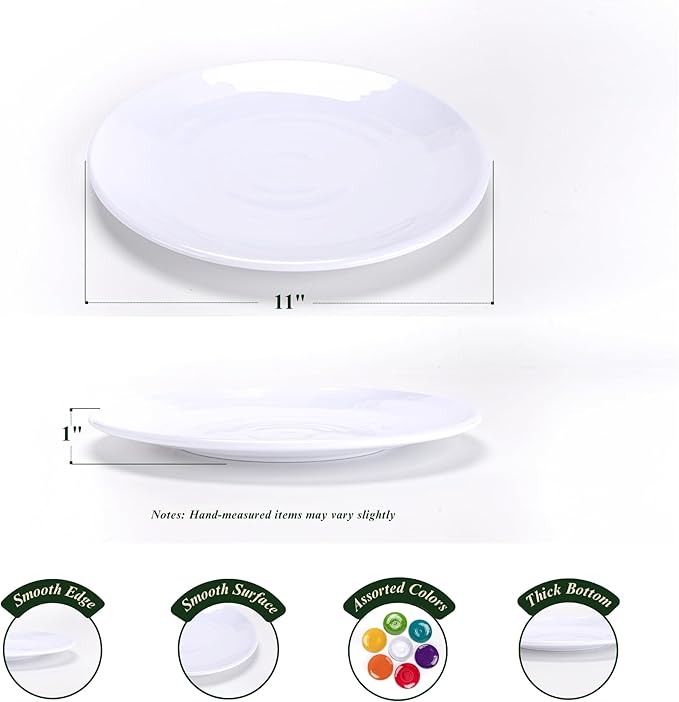 11-Inch Melamine Plates (Set of 6) - Unbreakable and Reusable Plastic Dinnerware with Ceramic Feel, Stackable and Dishwasher-Safe - Versatile for All Meals (White)