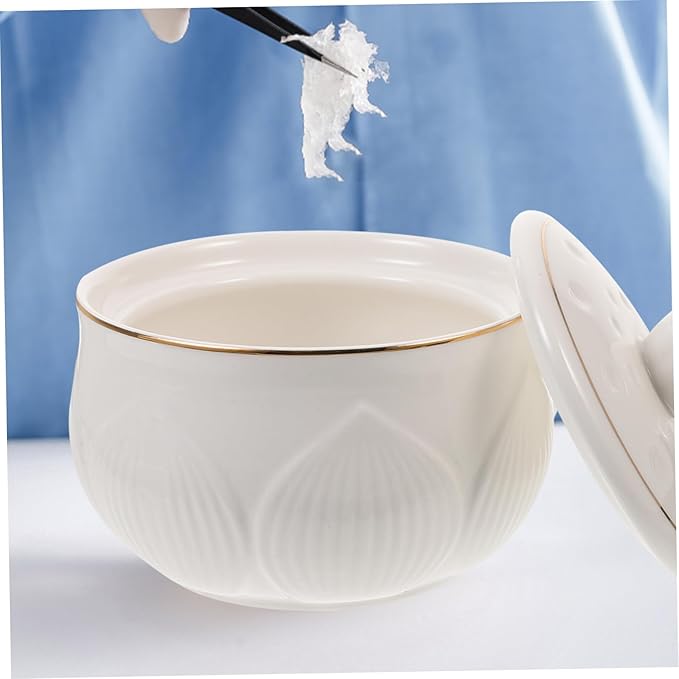 Alipis Luxury Ceramic Stew Bowl Set with Lid and Spoon High-End Gold Trim for Soups and Desserts Kitchen Steaming Bowl for Home Use