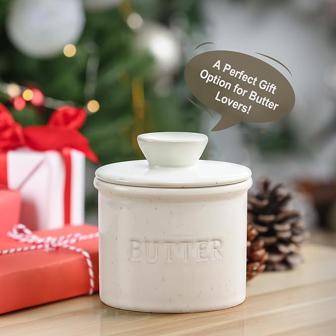 Butter Crock with Lid for Countertop - Ceramic French Butter Dish for Spreadable Soft Butter, Butter Container Holder with a Water Seal, Housewarming Gift, Kitchen and Home Decor, Speckled White