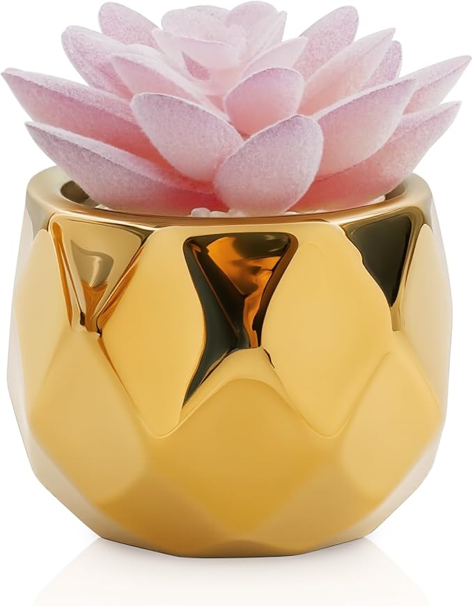 VIVERIE Mini Succulents Plants Artificial in Pots-Pink with Golden Ceramic, Christmas Small Fake Succulents Plants for Home Decor Indoor for Women, Golden Ceramic Faux Succulents, Gifts for Mom