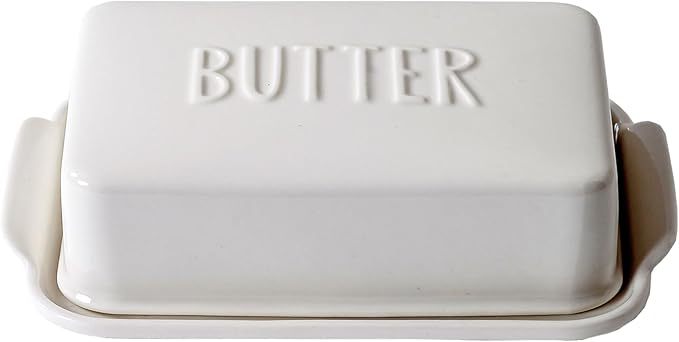 Porcelain Covered Butter Dish with Lid for Countertop Butter Holder Container for One Stick of Butter. Textured Tray Butter Keeper for Non Slip Storage-White Small