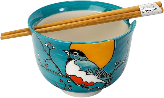 Urban Tokyo Handpainted Ceramic Glazed Japanese Ramen Udon Noodle Rice Bowl With Chopsticks 20 fl oz 5 inch Diameter Bowl Sets Color Box Packaging (Robin Bird)