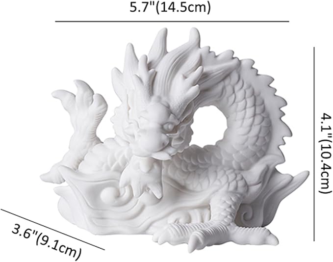 SWLOM Garden Decor Chinese Feng Shui White Dragon Figurine, Asian Patio Decor, Ceramic Oriental Dragon Sculpture Tabletop Ornaments