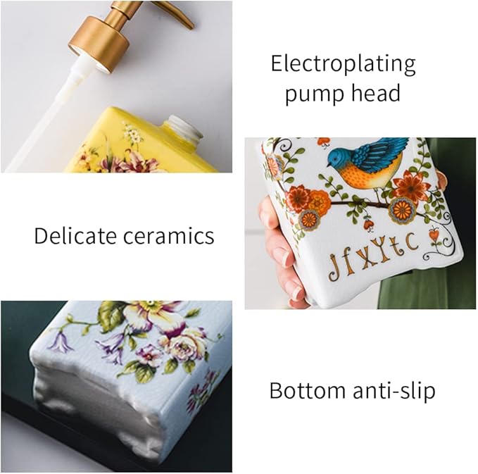 WAYUTO 12 Oz Vintage Soap Dispenser Ice Crack Ceramic Liquid Soap Dispenser Lotion Pump Bottle for Kitchen Countertop Bathroom Decorative Antique Floral Porcelain Hand Soap Dispenser Blue Rose