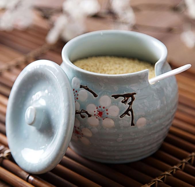 Ceramic Flower Sugar Bowl Seasoning Pot Salt Pepper Storage Jar with Lid And Spoon