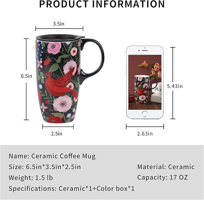 Topadorn Ceramic Travel Mug Cardinal Bird Porcelain Latte Tea Cup Coffee Mug with Matched Box, 17oz.