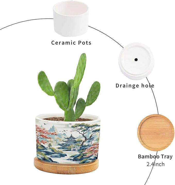 DreamAutumn Chinoiserie White Blue Asian Ceramic Pots for Plants with Drainage Holes Round Flower Pot Bamboo Tray Orchid Pot Succulents Pots for Outdoor Indoor Plants,Housewarming Gifts