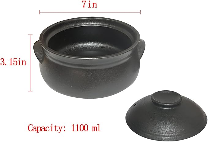 Korean Premium Stoneware Black Casserole Clay Pot with Lid,For Cooking Hot Pot Dolsot Bibimbap and Soup .(1100ml)