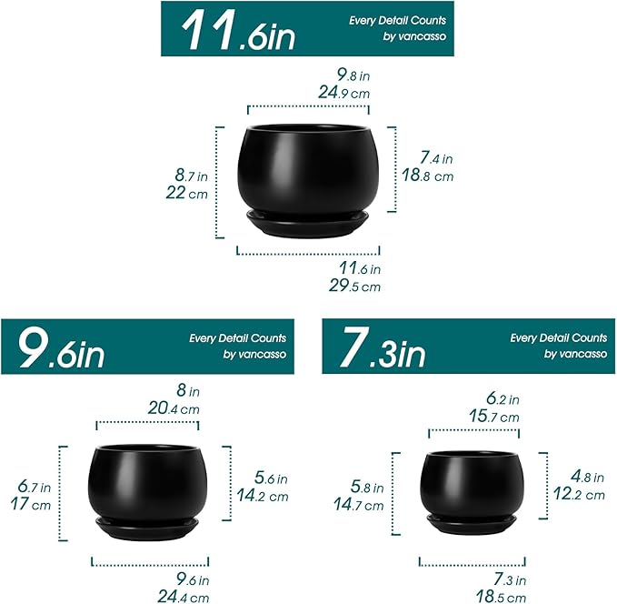 vancasso 3-Pack Ceramic Plant Pots, 7.3/9.6/11.6 Inch Indoor Planters with Saucers & Drainage Hole Planter pots for Indoor Plants and Flower, Black