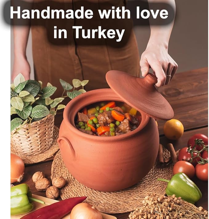 Large Earthenware Clay Mud Eathern Terracotta Cooking Pot Pottery Cazuela Cookware with Lid Natural Stovetop Stove Top Stone Stew Rice Unglazed Mexican Indian Kitchen Oven Terra Cotta Handcrafted Traditional Healthy (7.3 Quarts - Size3)
