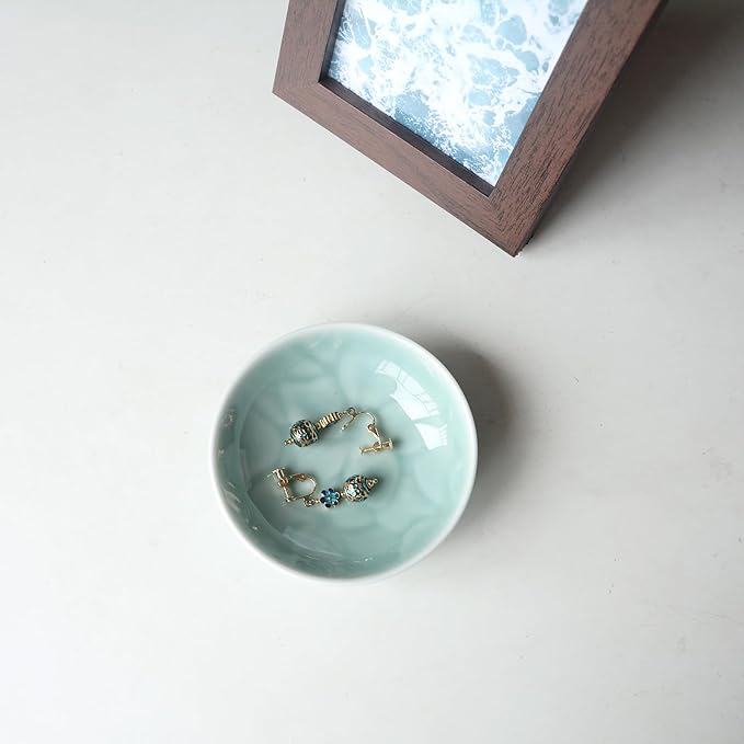 Round Flower Patterns Ring Dish Jewelry Tray Organizer, Ceramic Accent Tray for Vanity, Small Decorative Trinket Dish, Light Blue