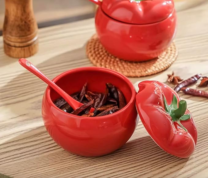 123Arts Sugar Bowl Tomato Ceramic Spice Jar Storage Jar with Spoon