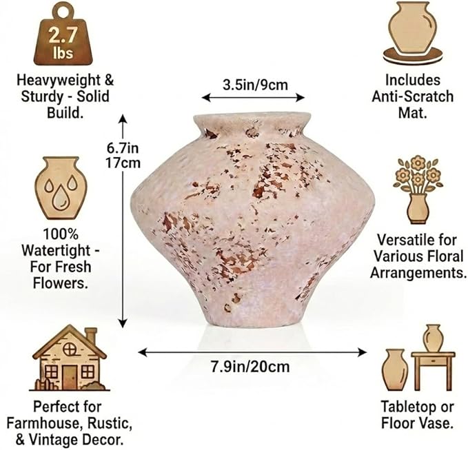 Whitewashed Terracotta Ceramic Vase 6.7", Small Rustic Farmhouse Pottery Vase with Wide Mouth, Watertight Flower Vase for Fresh Flowers & Pampas Grass, Table Centerpiece Shelf Decor