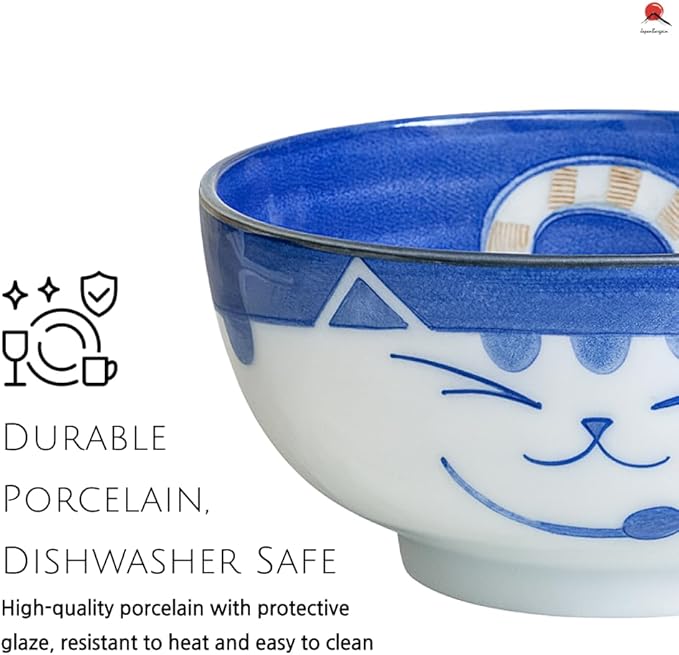 JapanBargain, Set of 4 Japanese Large Porcelain Bowls Seving Soup Rice Noodle Salad, Maneki Neko Smiling Cat Pattern, 34 fl.oz, 6.25-inch, Made in Japan