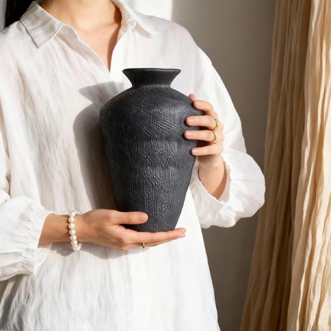 Wabi Sabi Ceramic Vase 9.1 Inch, Rustic Pottery Vase for Home Decor, Organic Textured Charcoal Black Vase for Pampas Grass, Coffee Table Shelf Farmhouse Decor